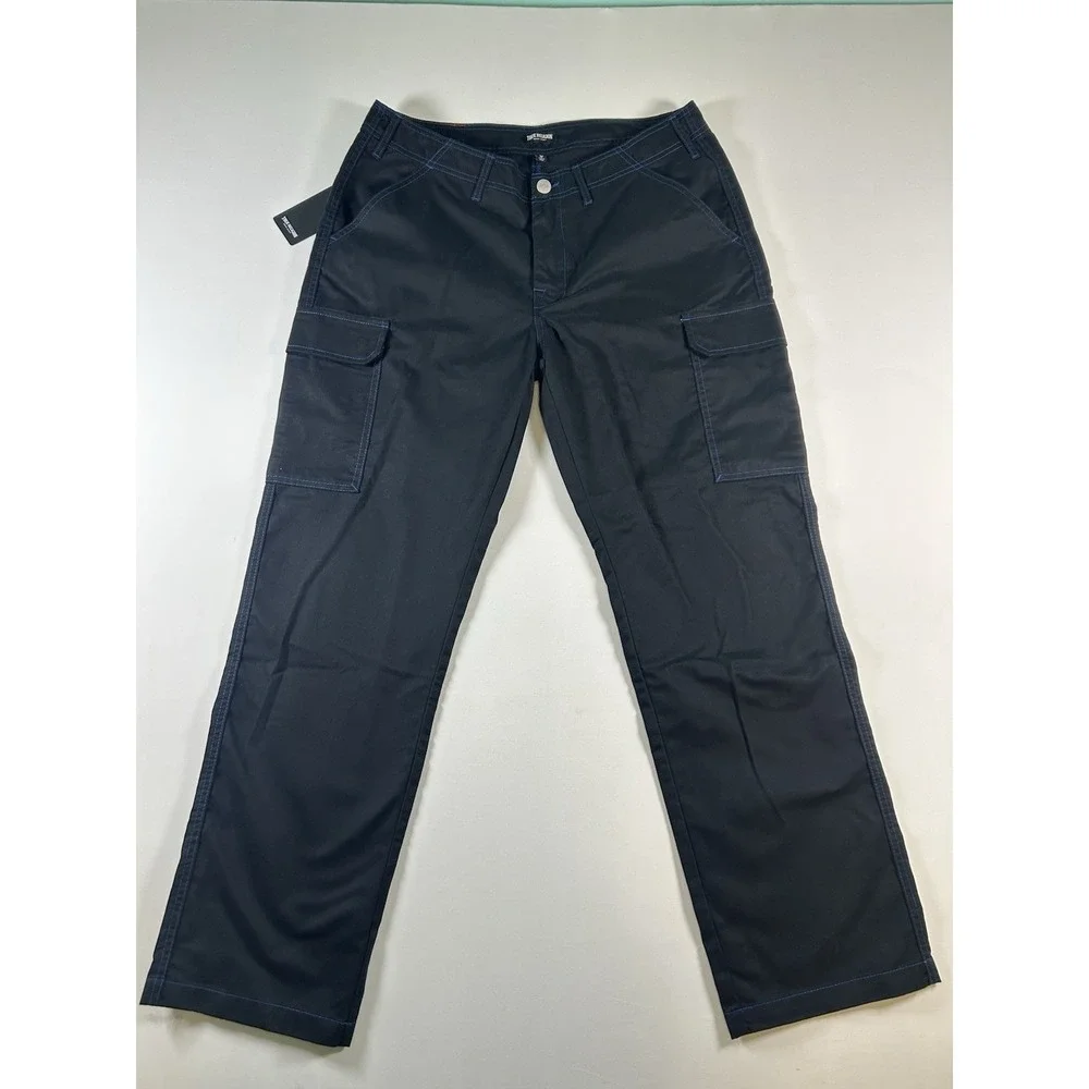 True Religion Men Baggy Cargo Pants 36 Black Blue Bold Stitch Utility Urban NWT